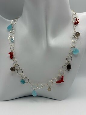 Nordstorm 925 Sterling Silver Multi-Gemstone Charm Necklace, Aqua Chalcedony